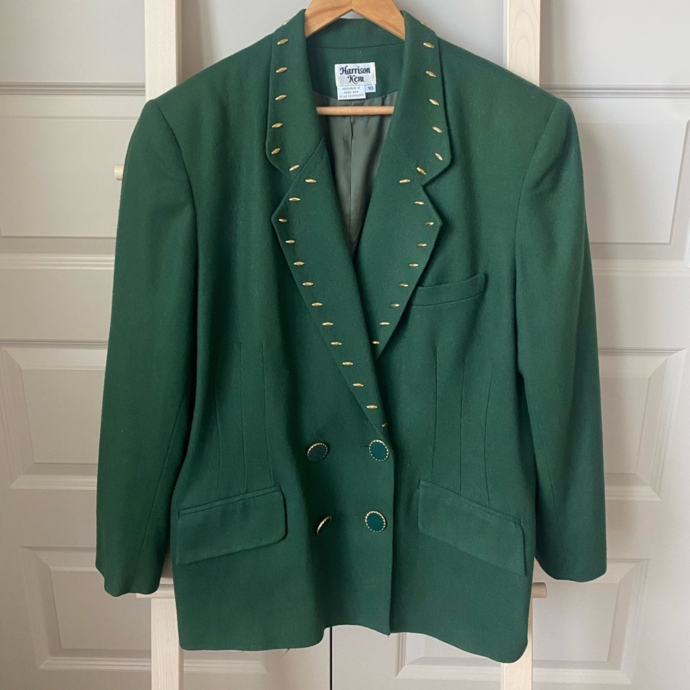 Vintage Forest Green Wool Women's Blazer with Gold Accents